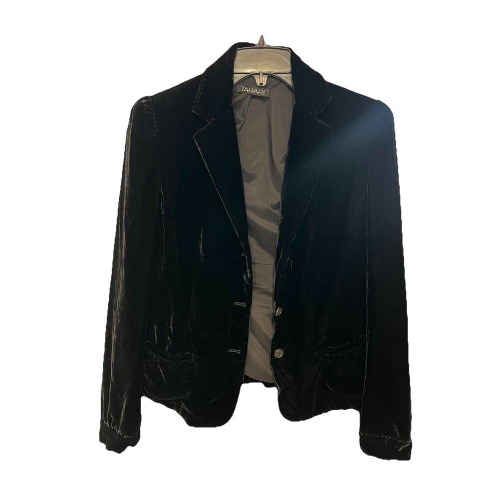 Tahari Vintage Black Velvet Blazer Women's Silk Blend Button Front Jacket Gothic